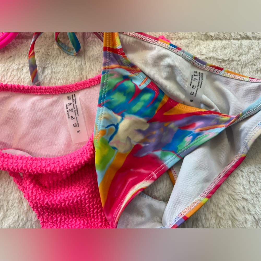 SHEIN Swim Bikinis: Tie-Dye Beach Underwire & Thong Bikini, Pink Textured Bikini - Picture 4 of 14